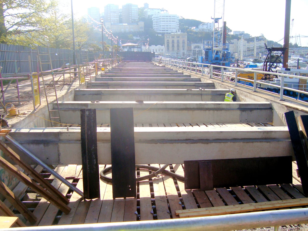 New precast secondary beams on the Princess Promenade deck, Torquay, beside the marina